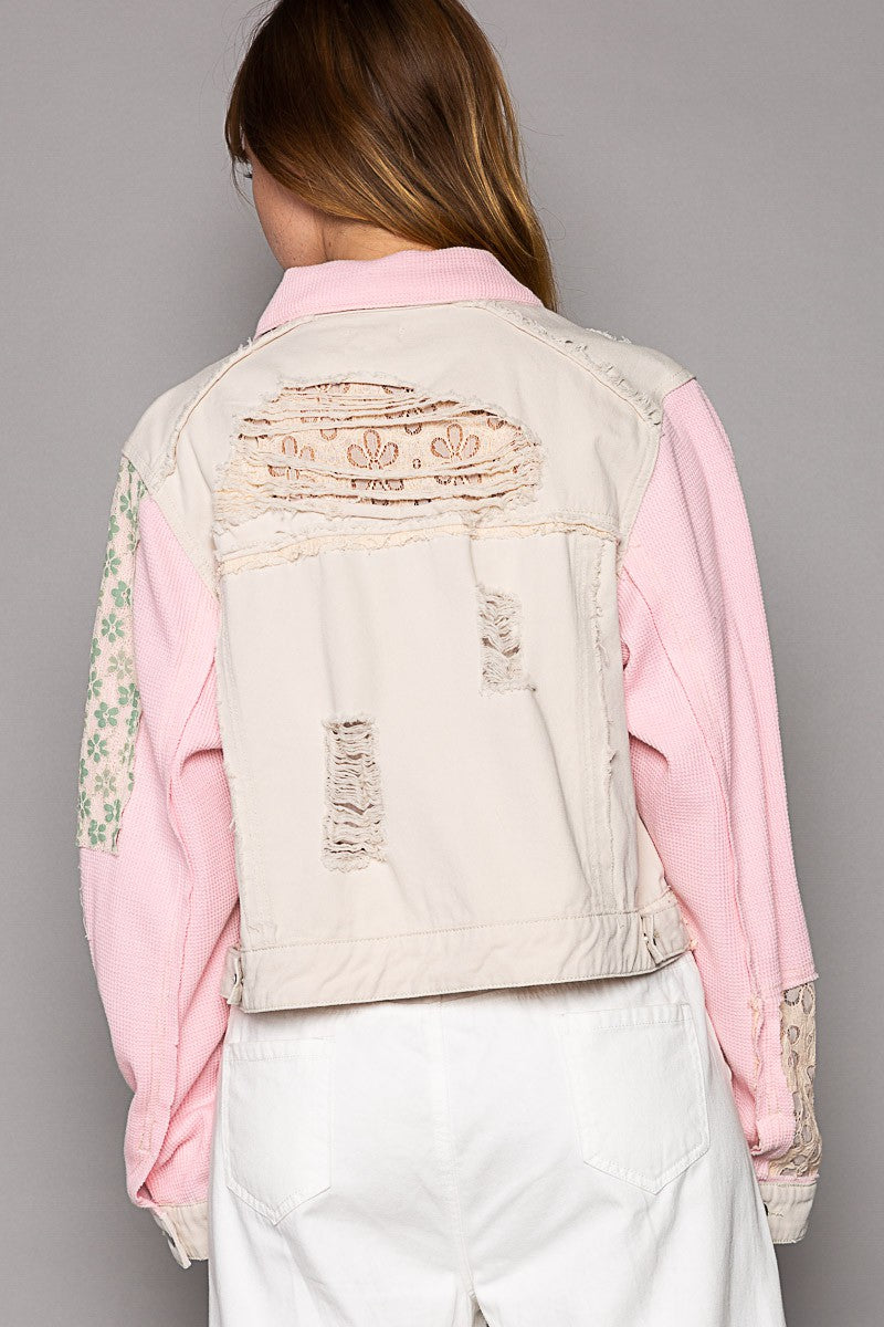 POL Distressed Button Down Regular Fit Crop Frayed Edge Denim Jacket