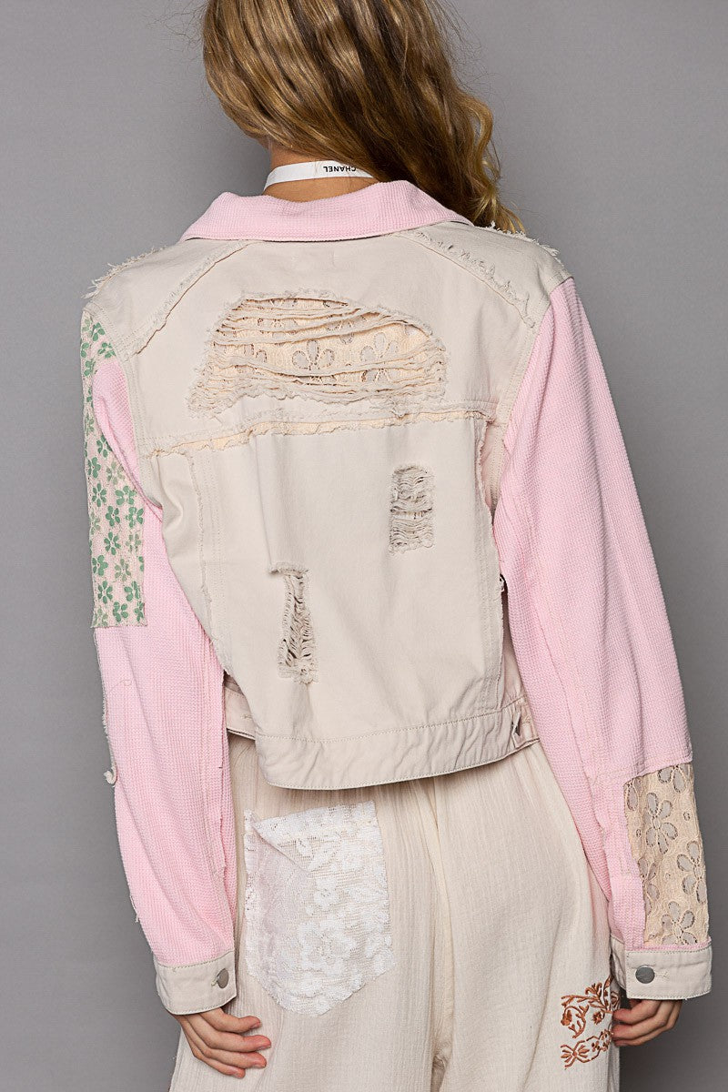 POL Distressed Button Down Regular Fit Crop Frayed Edge Denim Jacket