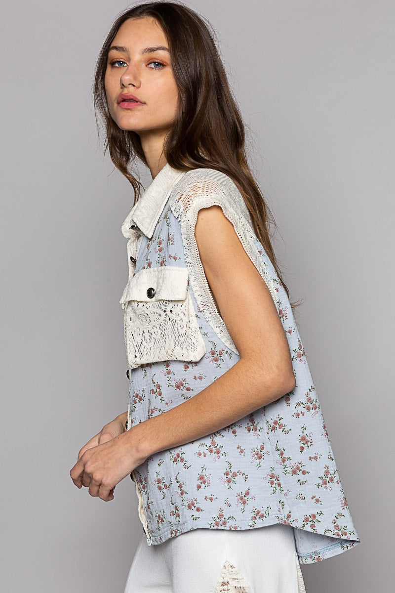 POL Floral Print Chest Pockets Button Down Shirts Top