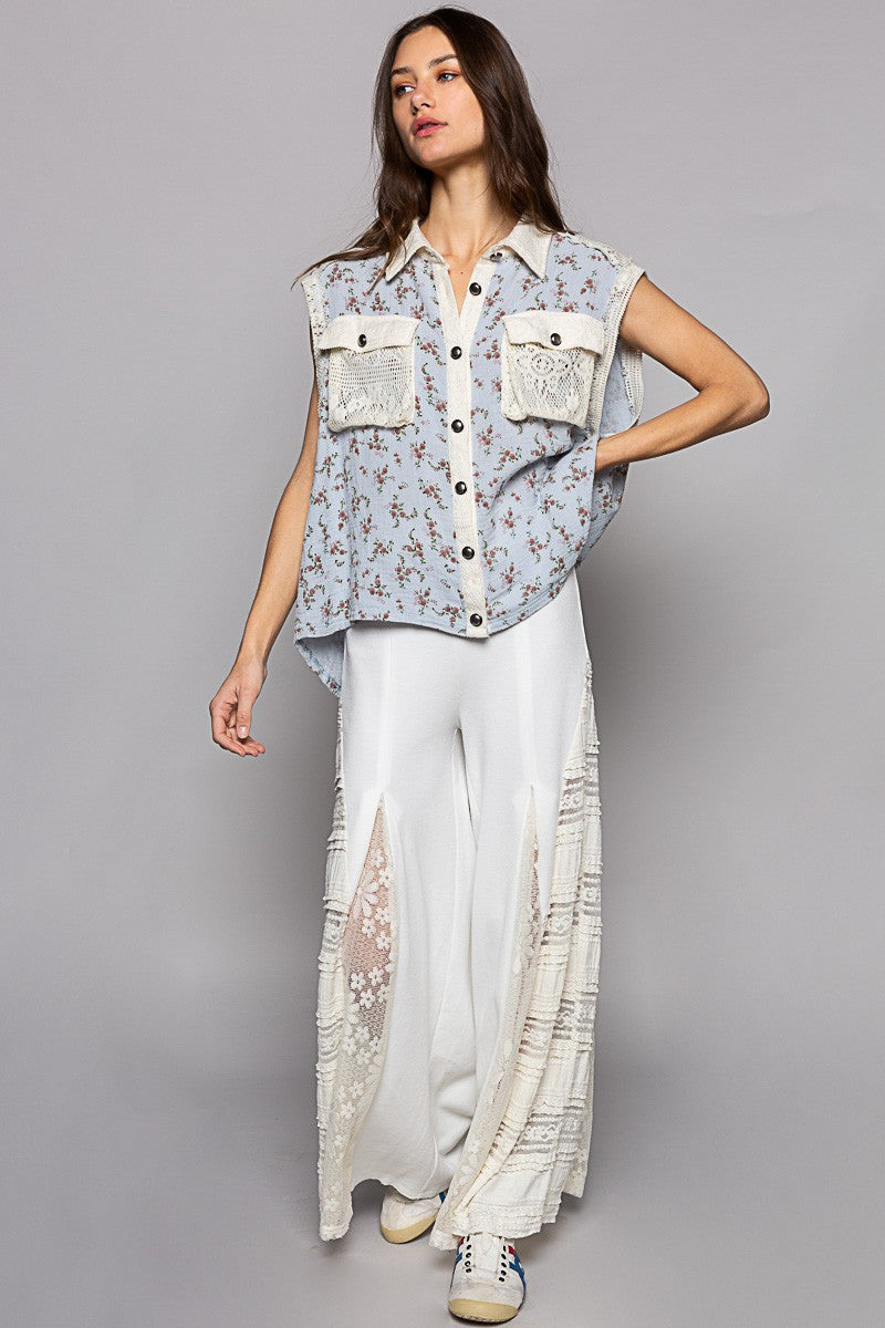 POL Floral Print Chest Pockets Button Down Shirts Top