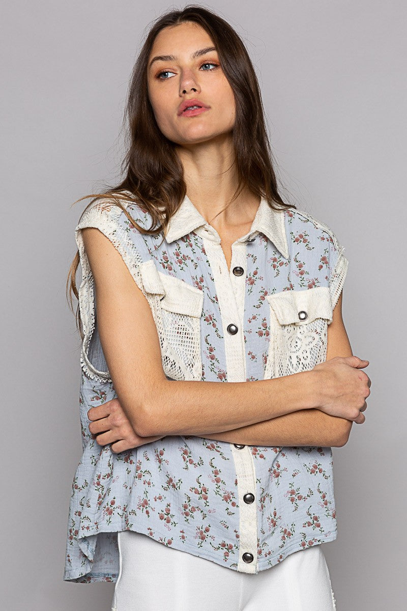 POL Floral Print Chest Pockets Button Down Shirts Top