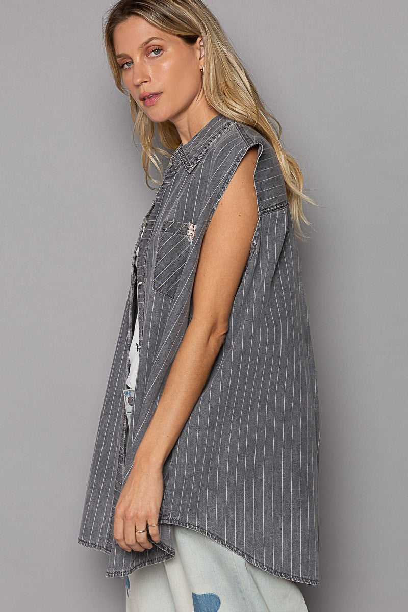 POL Oversize Sleeveless Chest Pockets Stripe Shirts Top