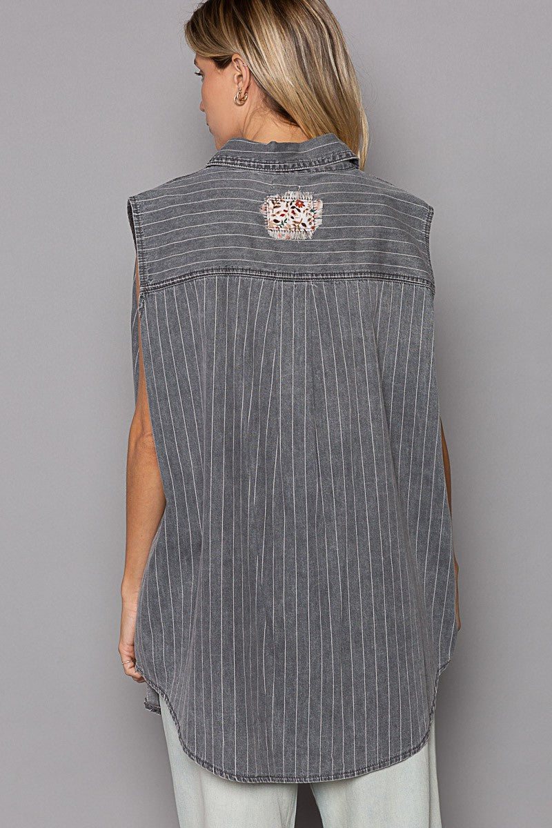 POL Oversize Sleeveless Chest Pockets Stripe Shirts Top