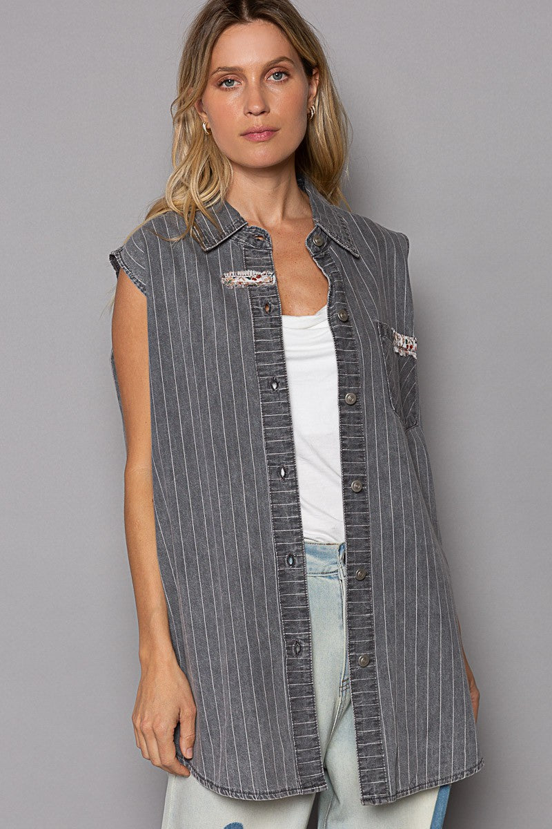 POL Oversize Sleeveless Chest Pockets Stripe Shirts Top