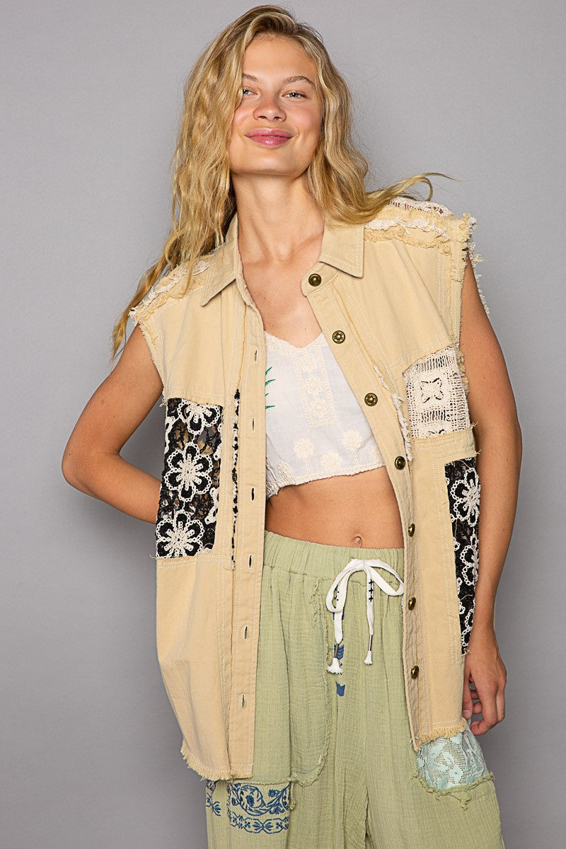 POL Oversize Crochet Floral Panel Collared Sleevelss Shacket