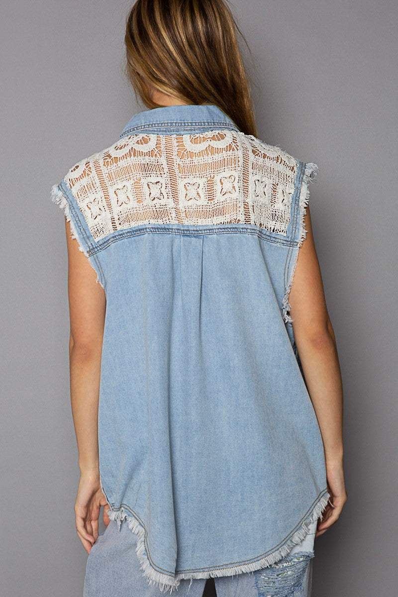 POL Oversize Crochet Floral Panel Sleevelss Shacket Top