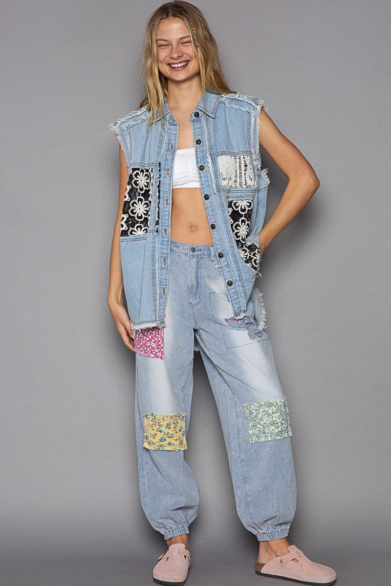 POL Oversize Crochet Floral Panel Collared Sleevelss Shacket