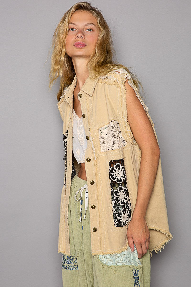 POL Oversize Crochet Floral Panel Collared Sleevelss Shacket