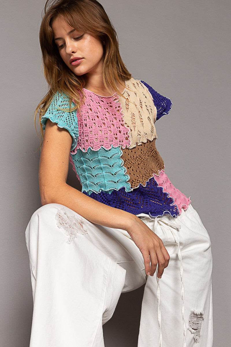 POL Color Block Round Neck Short Sleeve Thin Sweater Top