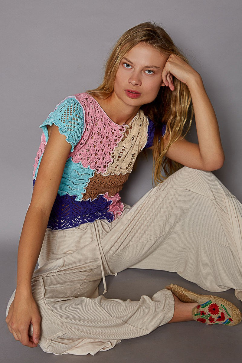 POL Color Block Round Neck Short Sleeve Thin Sweater Top