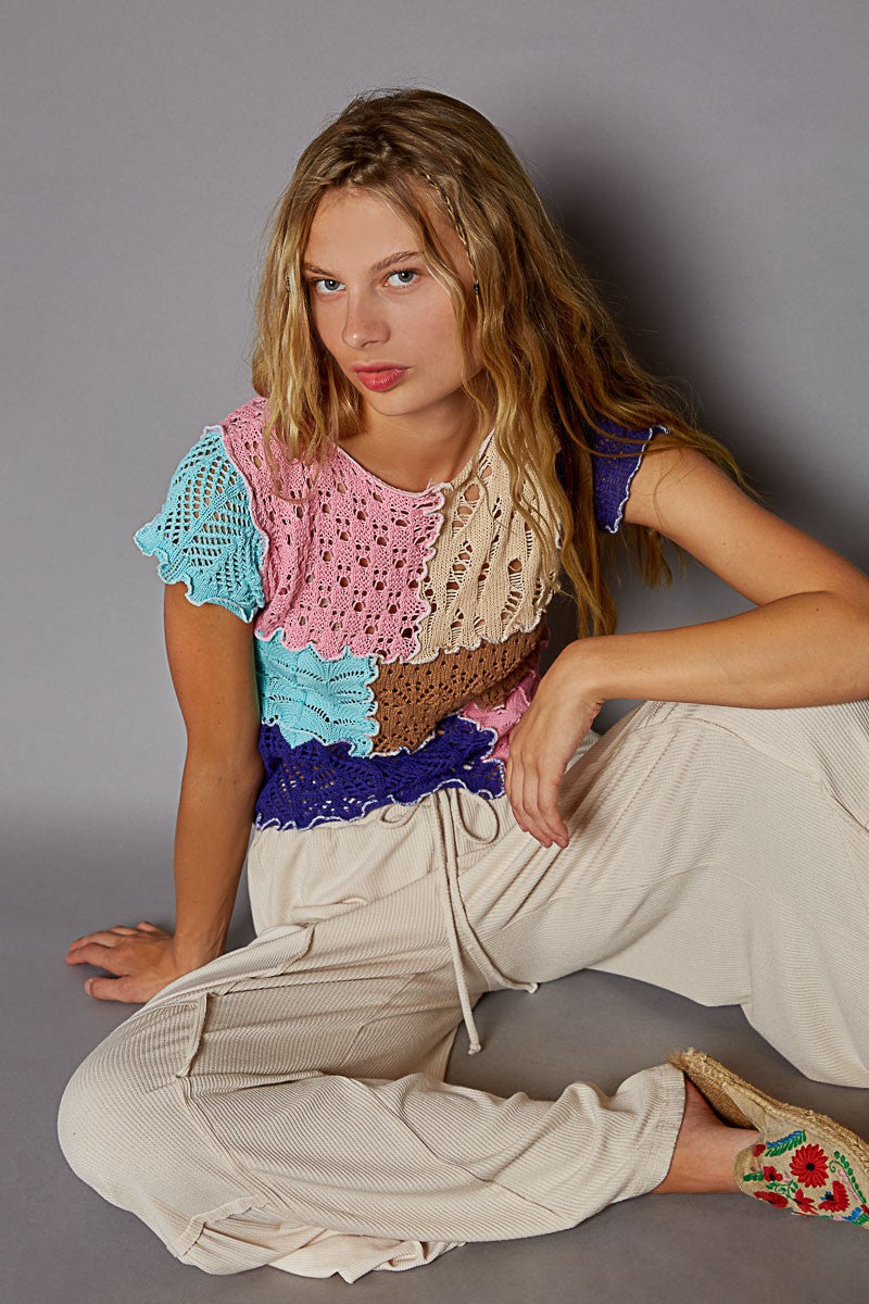 POL Color Block Round Neck Short Sleeve Thin Sweater Top