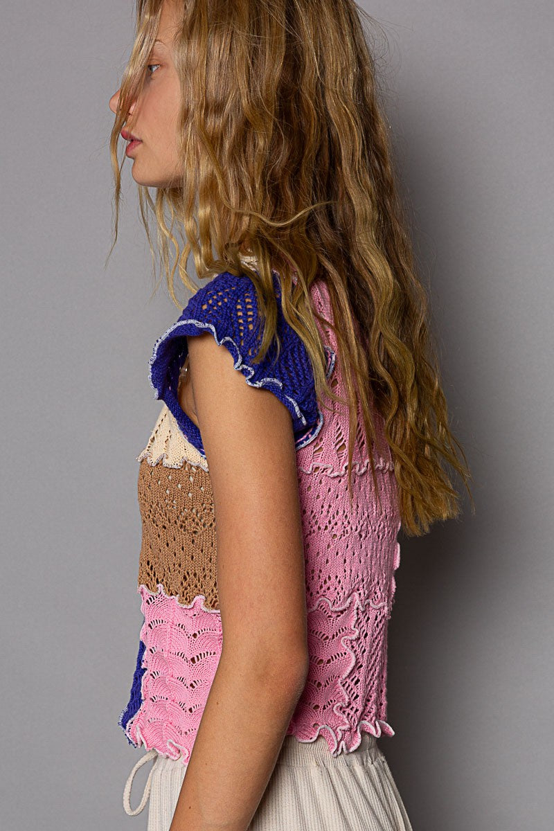 POL Color Block Round Neck Short Sleeve Thin Sweater Top