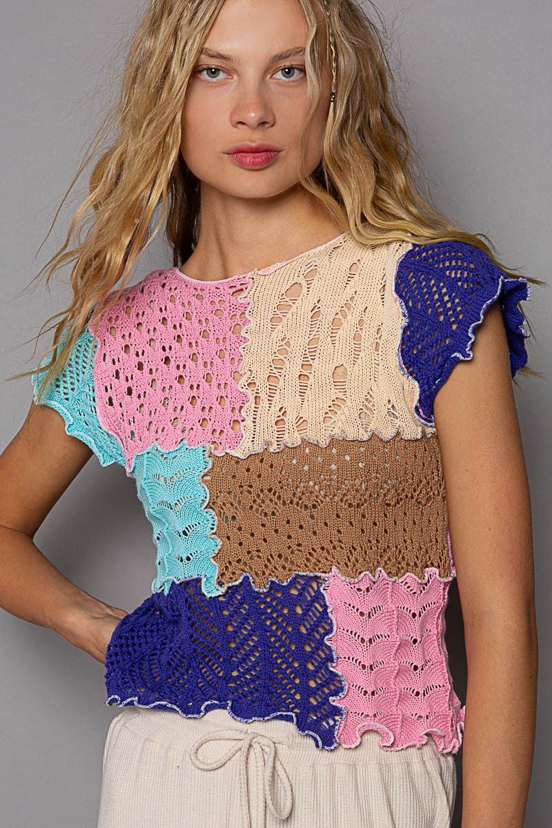 POL Color Block Round Neck Short Sleeve Thin Sweater Top