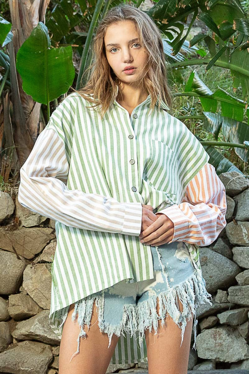 POL Stripe Pattern Long Sleeve Cut Shirt Top