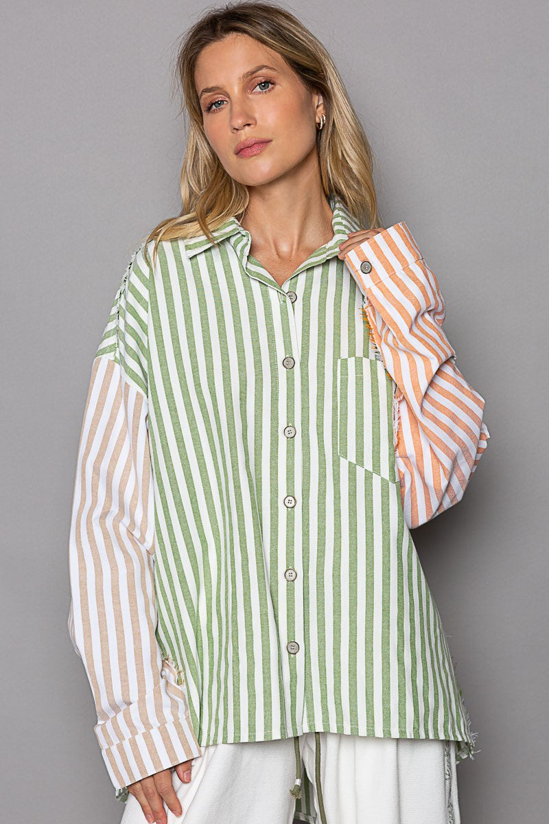 POL Stripe Pattern Long Sleeve Cut Shirt Top