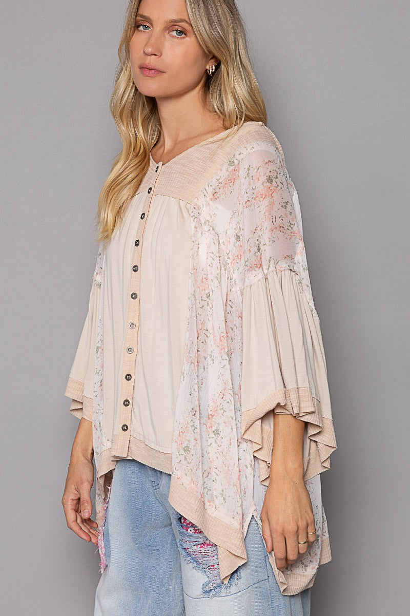 POL Oversize V-Neck Bell Sleeve Floral Print Knit Top