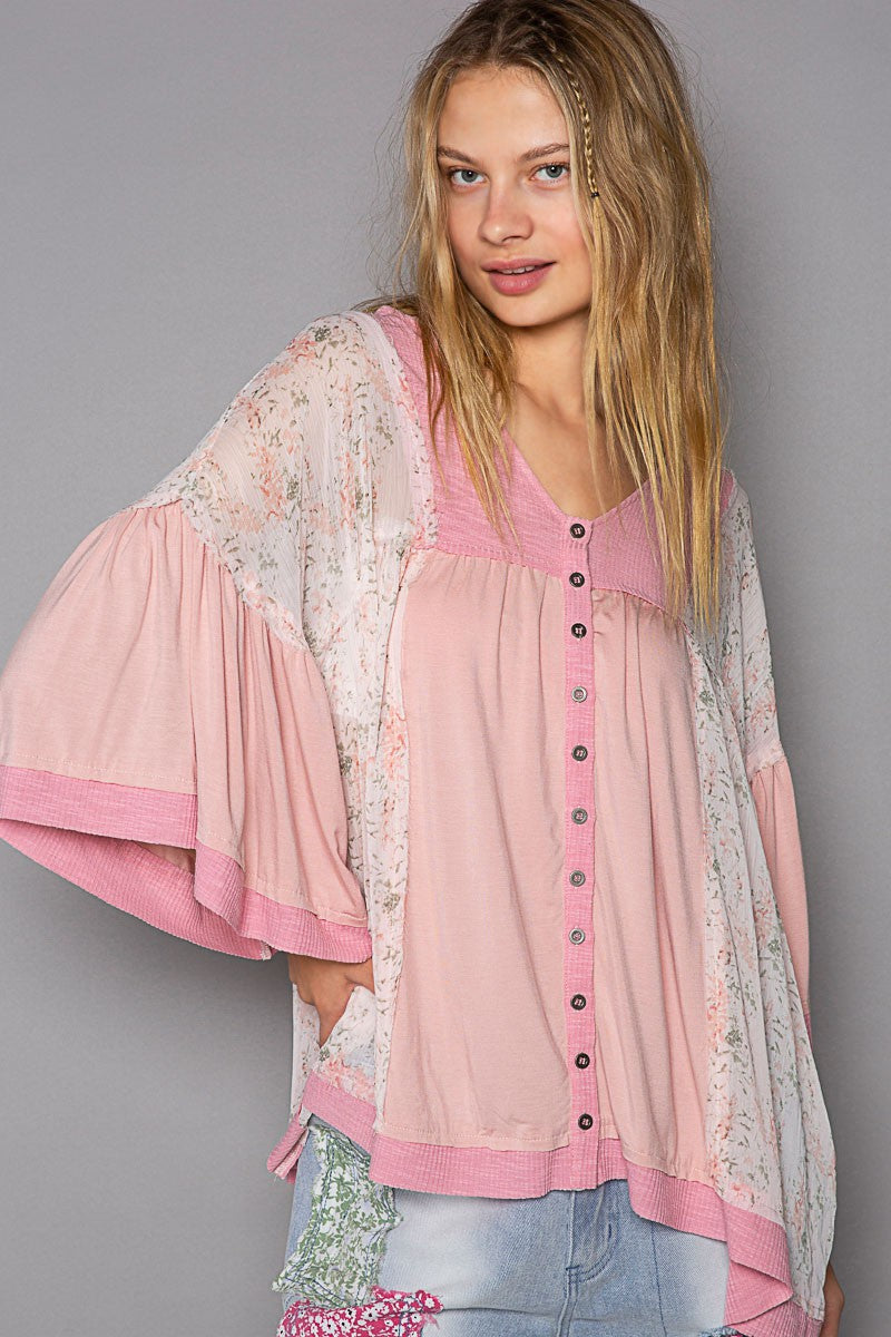 POL Oversize V-Neck Bell Sleeve Floral Print Knit Top