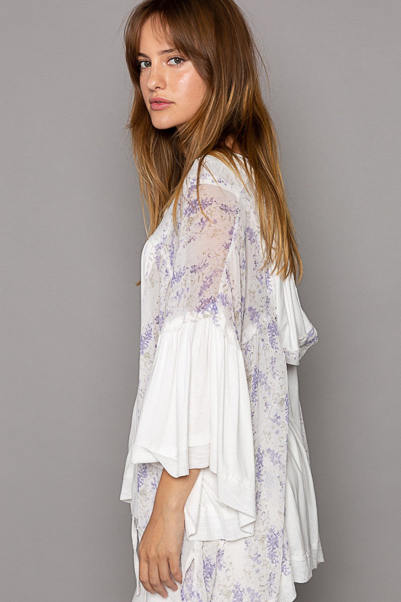 POL Oversize V-Neck Bell Sleeve Floral Print Knit Top