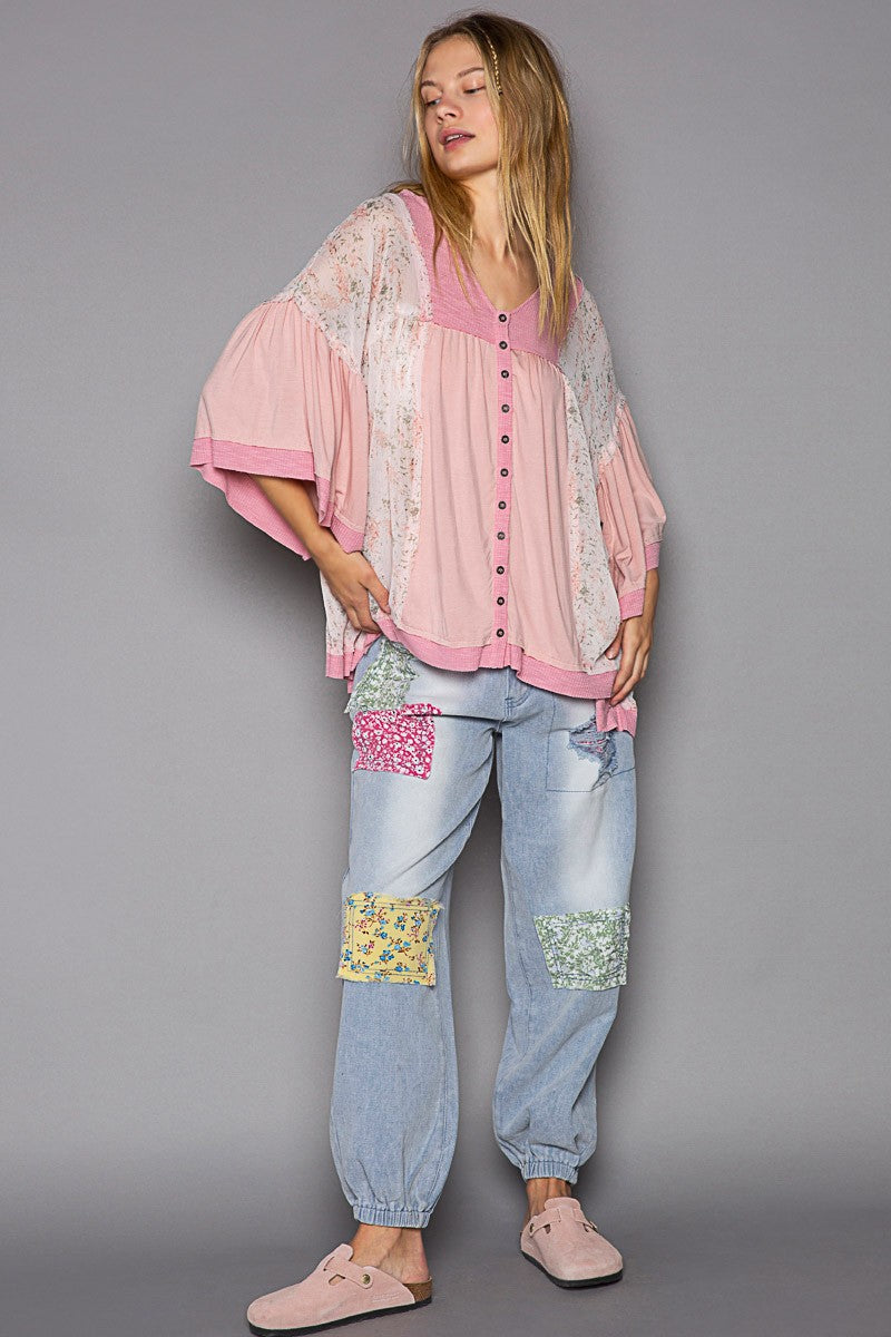 POL Oversize V-Neck Bell Sleeve Floral Print Knit Top