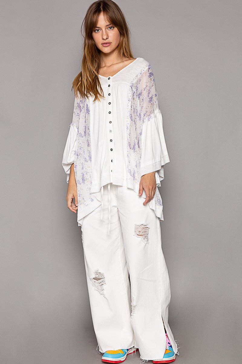 POL Oversize V-Neck Bell Sleeve Floral Print Knit Top