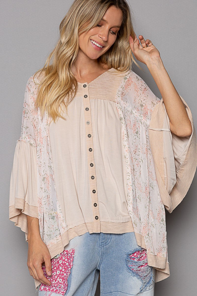 POL Oversize V-Neck Bell Sleeve Floral Print Knit Top