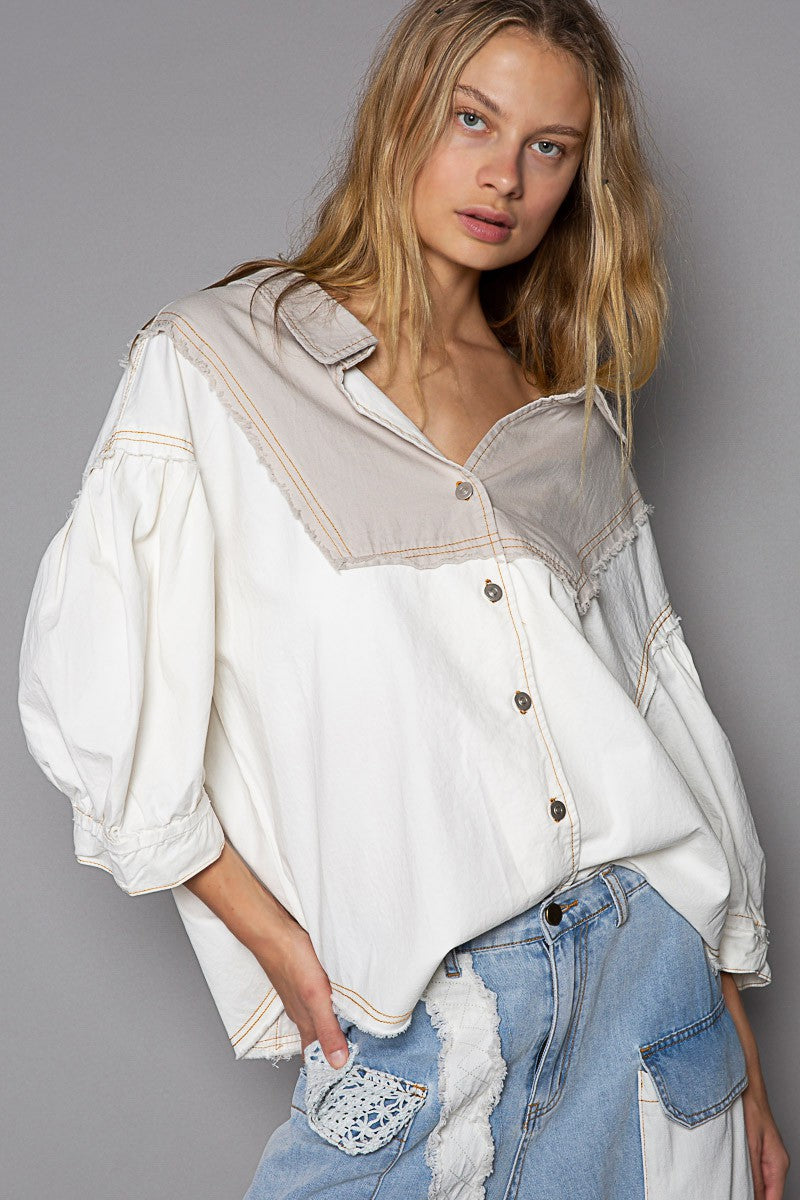 POL Color Block Button Down V Neck Balloon Sleeve Top