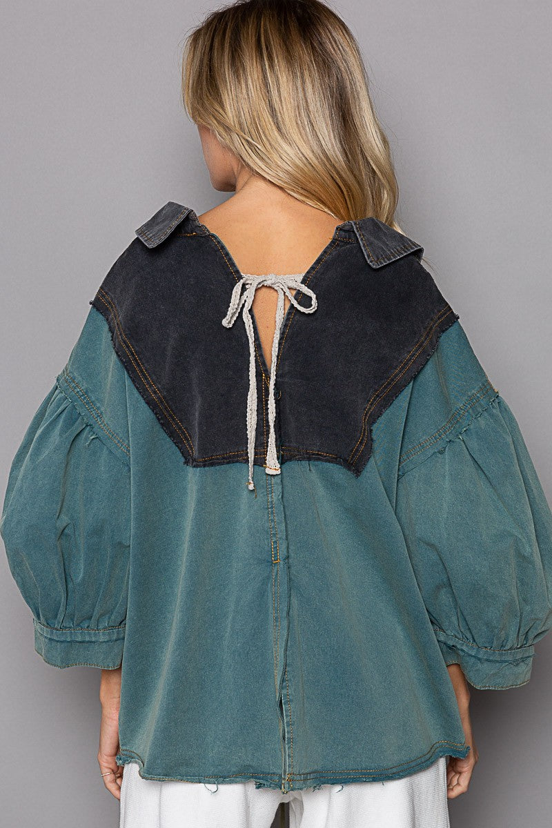 POL Color Block Button Down V Neck Balloon Sleeve Top