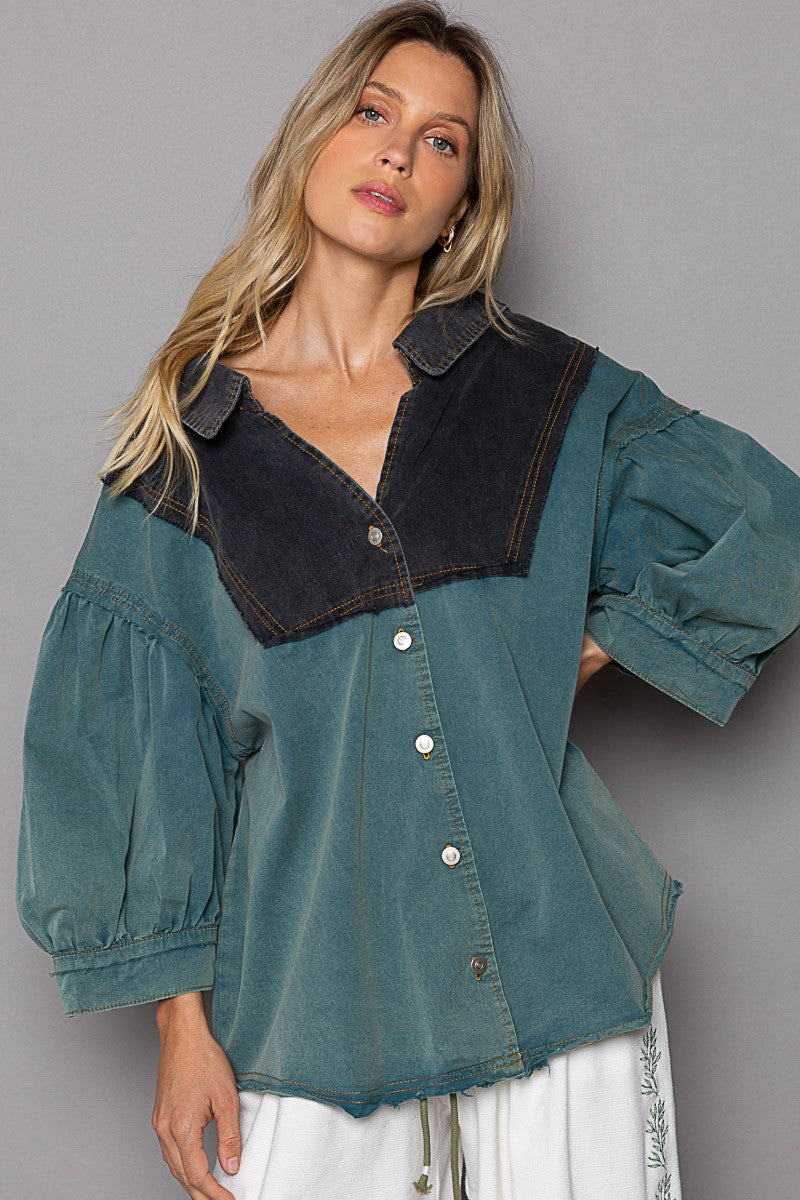 POL Color Block Button Down V Neck Balloon Sleeve Top