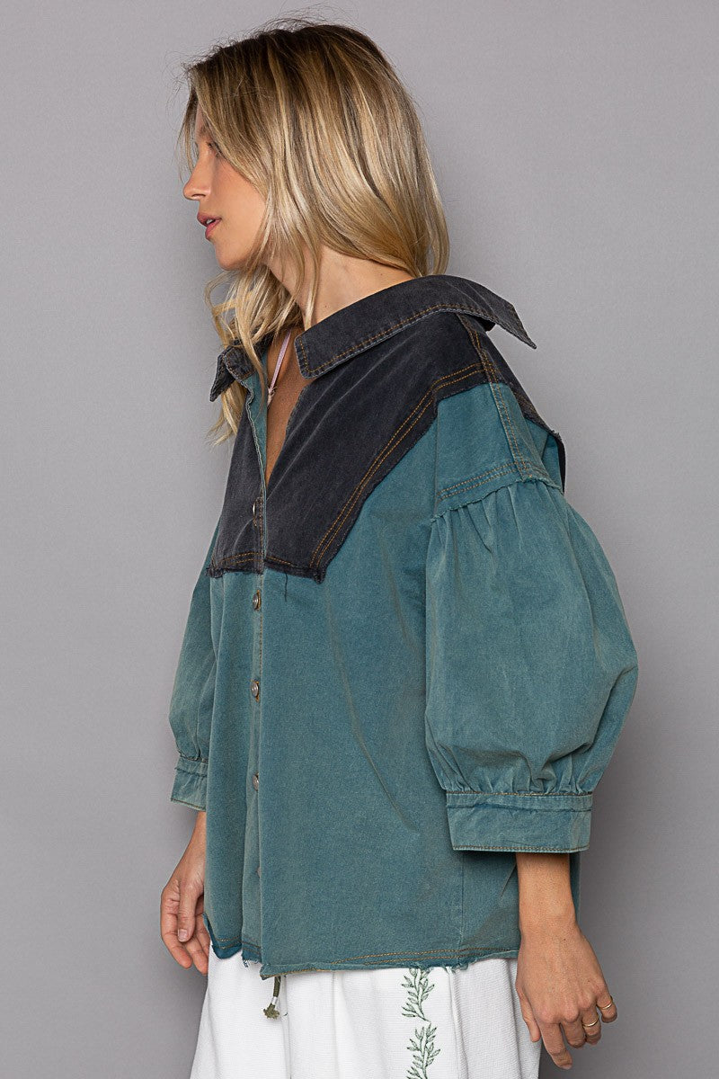 POL Color Block Button Down V Neck Balloon Sleeve Top