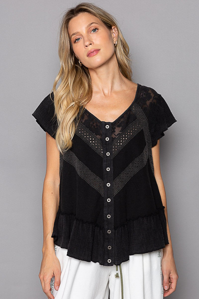 POL Oversize Button Down Short Ruffle Sleeve Woven Top