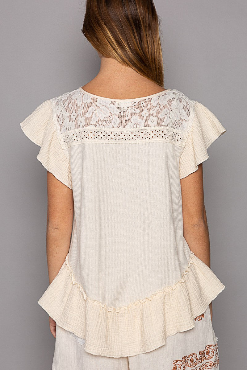 POL Oversize Button Down Short Ruffle Sleeve Woven Top
