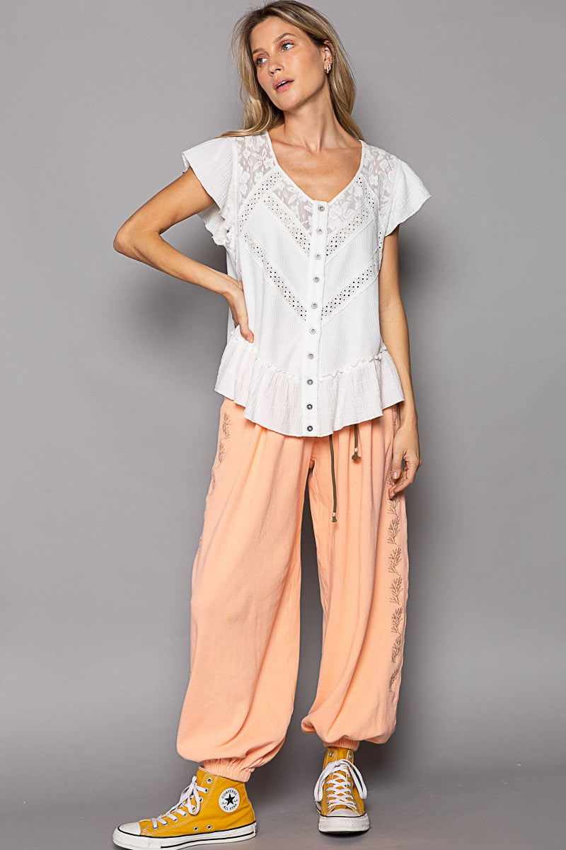 POL Oversize Button Down Short Ruffle Sleeve Woven Top