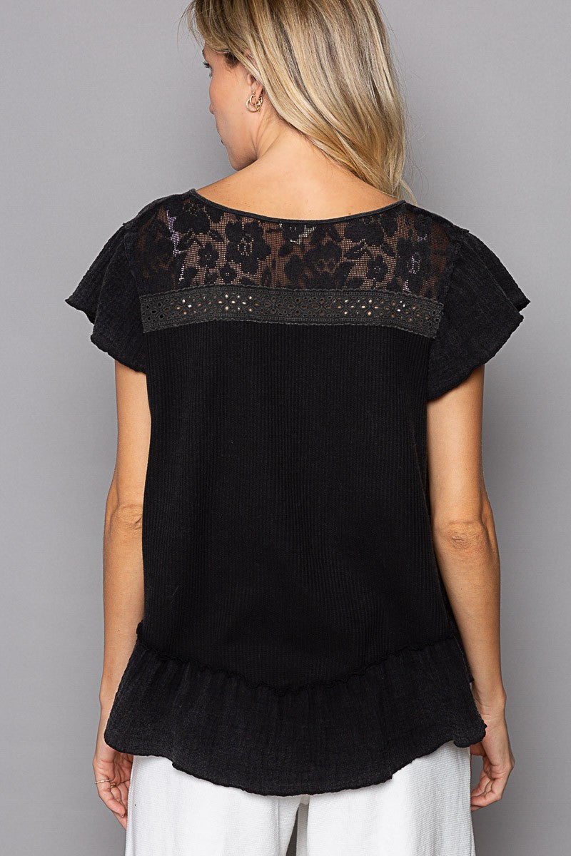 POL Oversize Button Down Short Ruffle Sleeve Woven Top