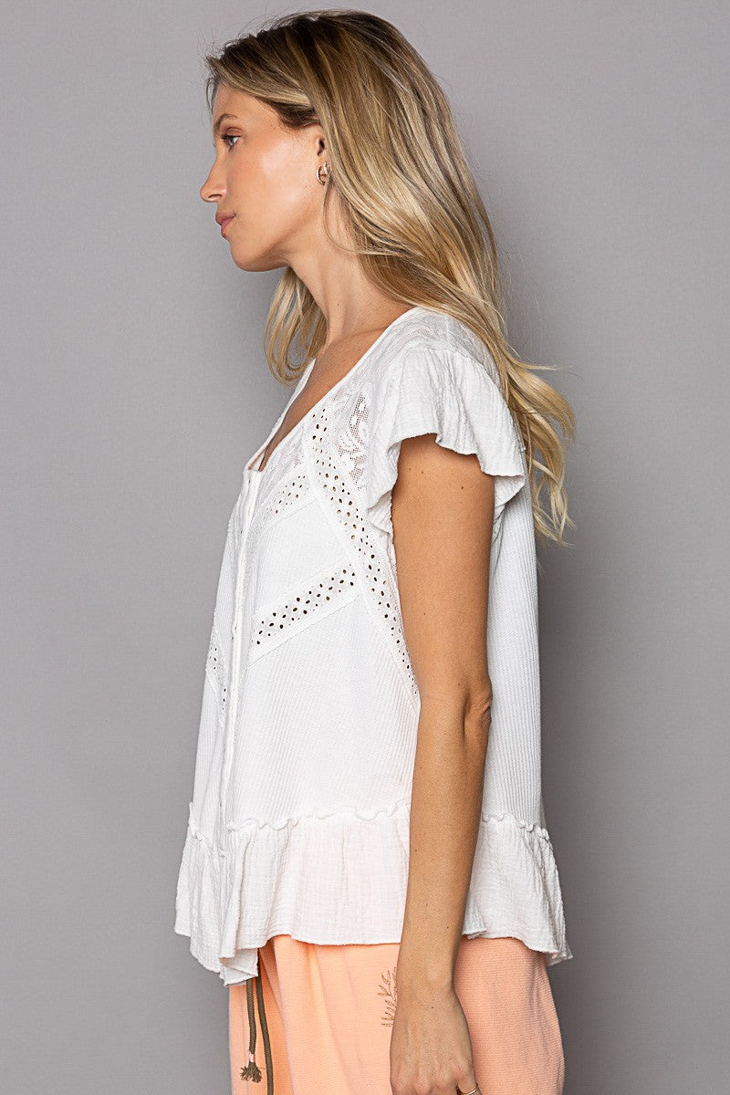 POL Oversize Button Down Short Ruffle Sleeve Woven Top