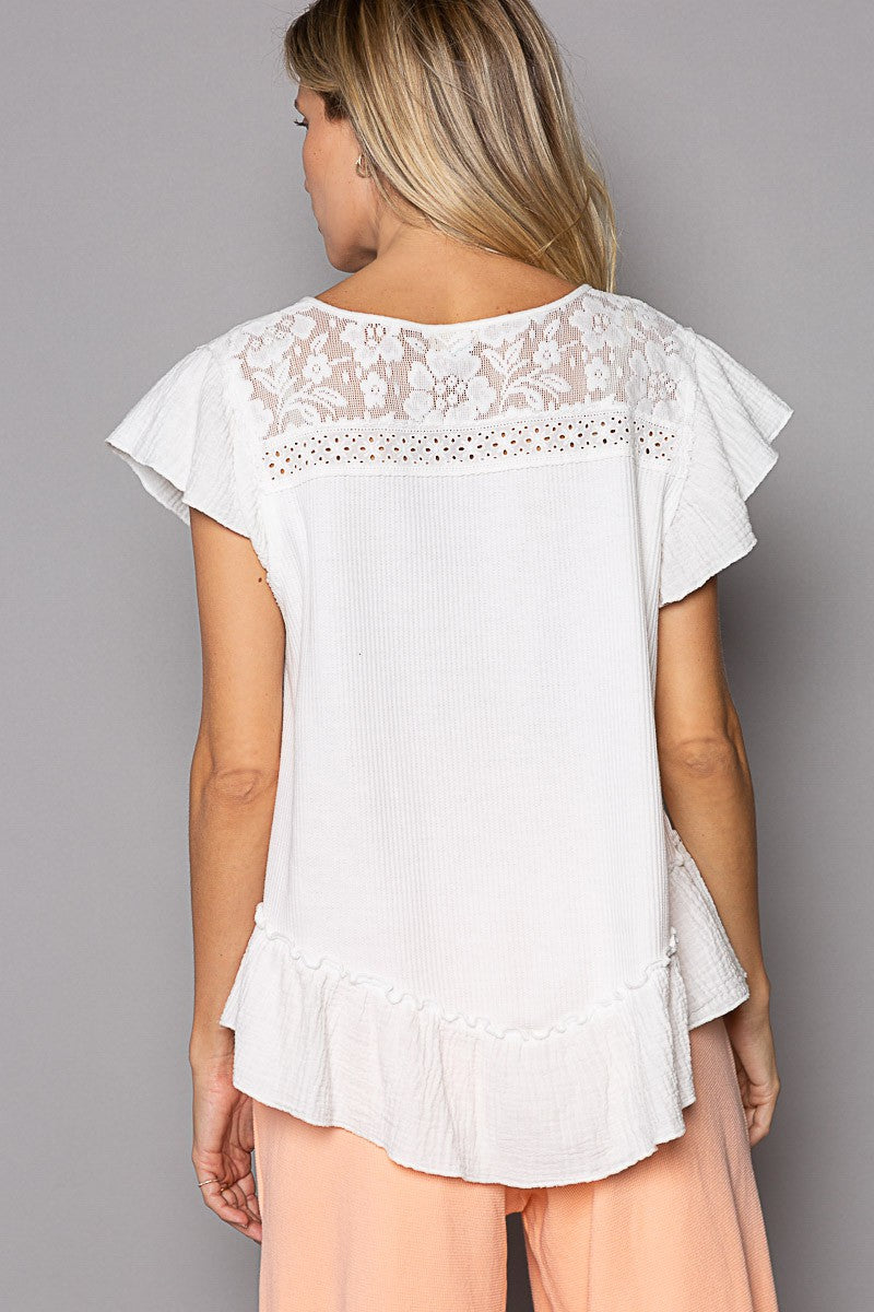 POL Oversize Button Down Short Ruffle Sleeve Woven Top