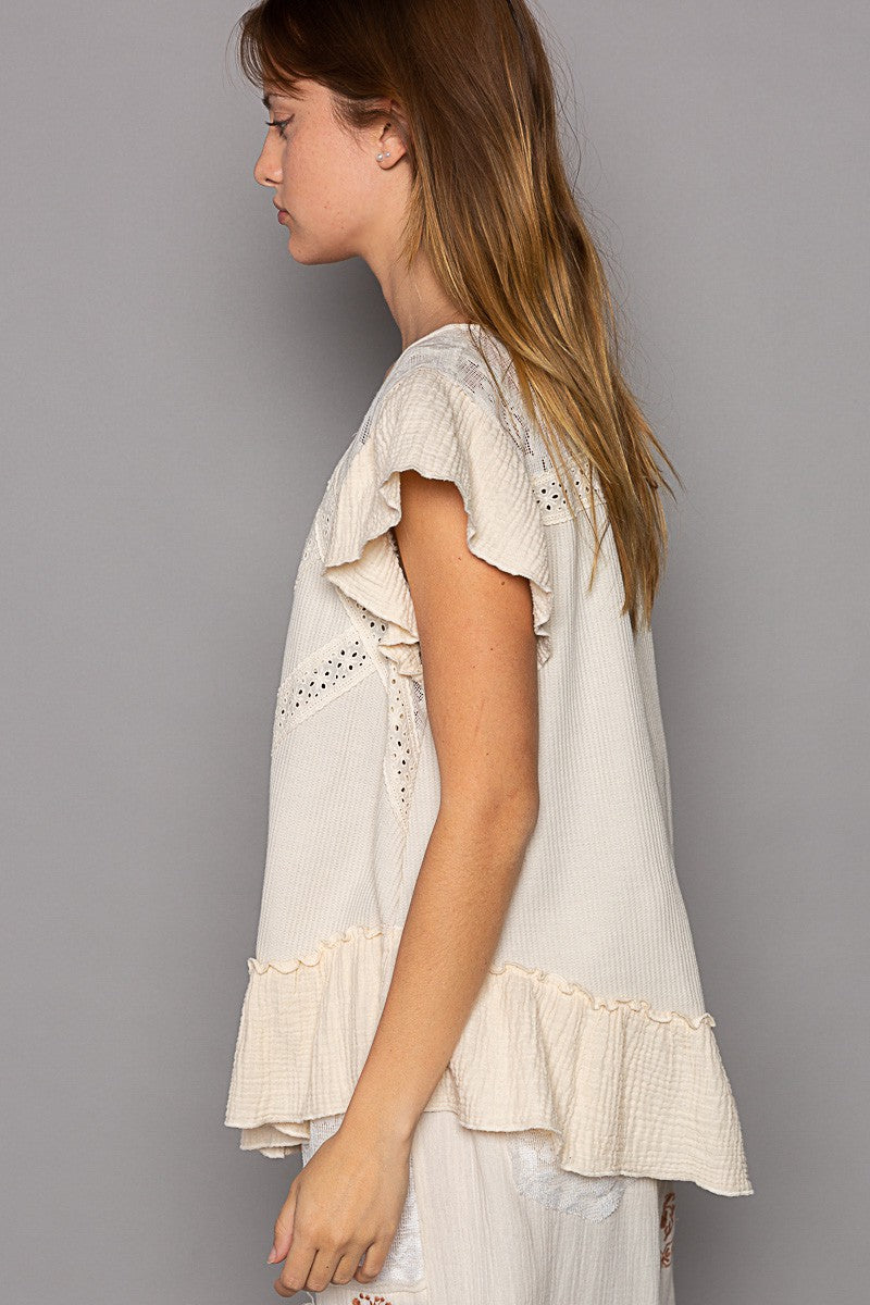 POL Oversize Button Down Short Ruffle Sleeve Woven Top