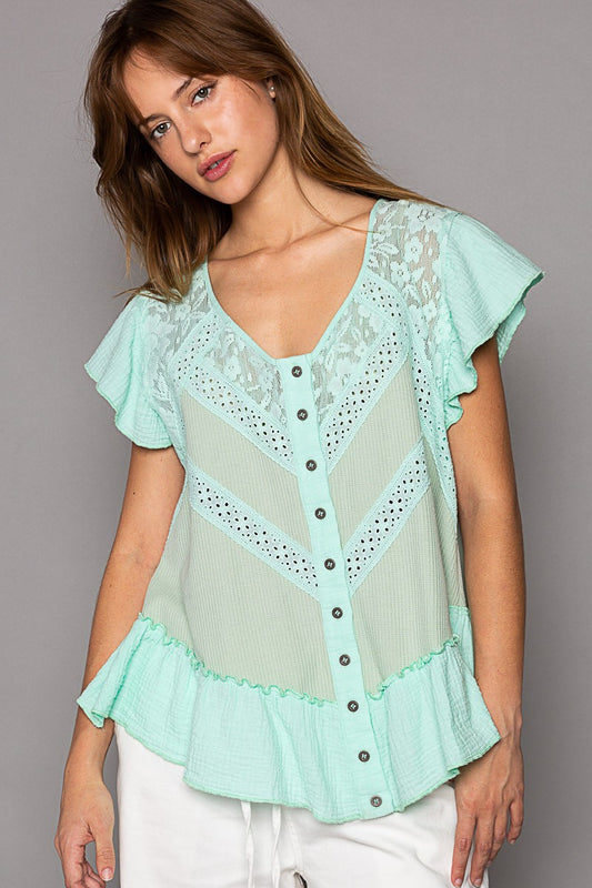 POL Oversize Button Down Short Ruffle Sleeve Woven Top