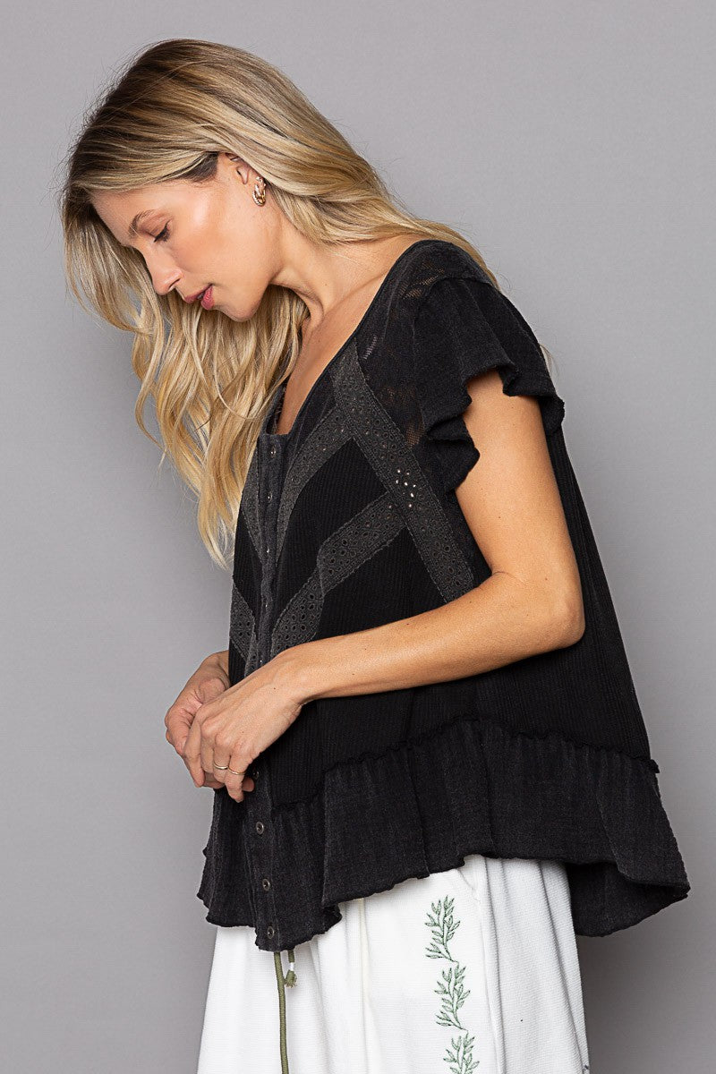 POL Oversize Button Down Short Ruffle Sleeve Woven Top