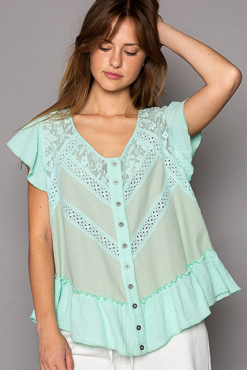 POL Oversize Button Down Short Ruffle Sleeve Woven Top
