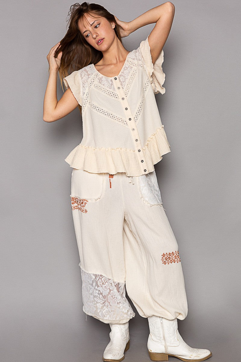 POL Oversize Button Down Short Ruffle Sleeve Woven Top