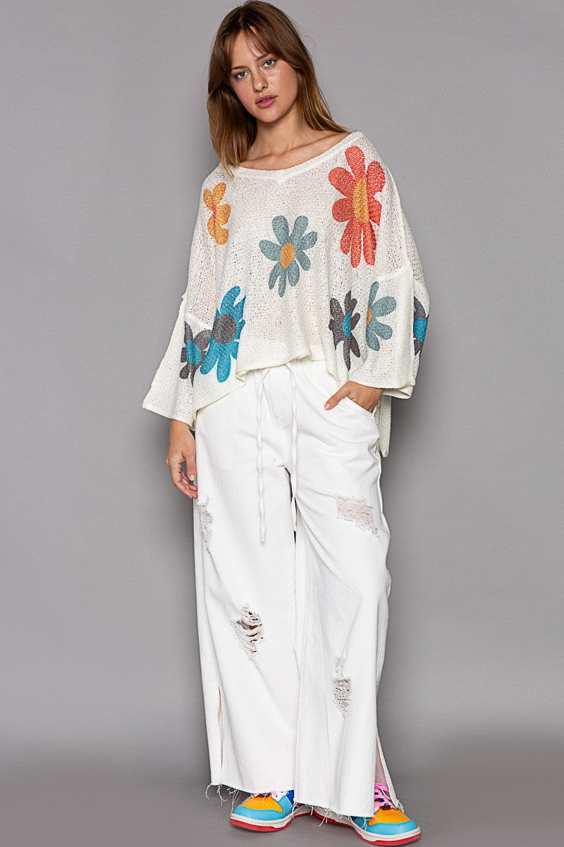 POL V-Neck Colorful Flower Print Light Weight Sweater Top