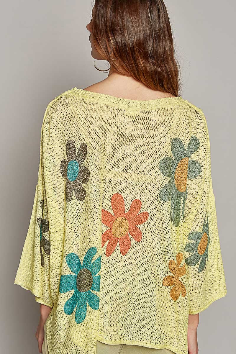 POL V-Neck Colorful Flower Print Light Weight Sweater Top