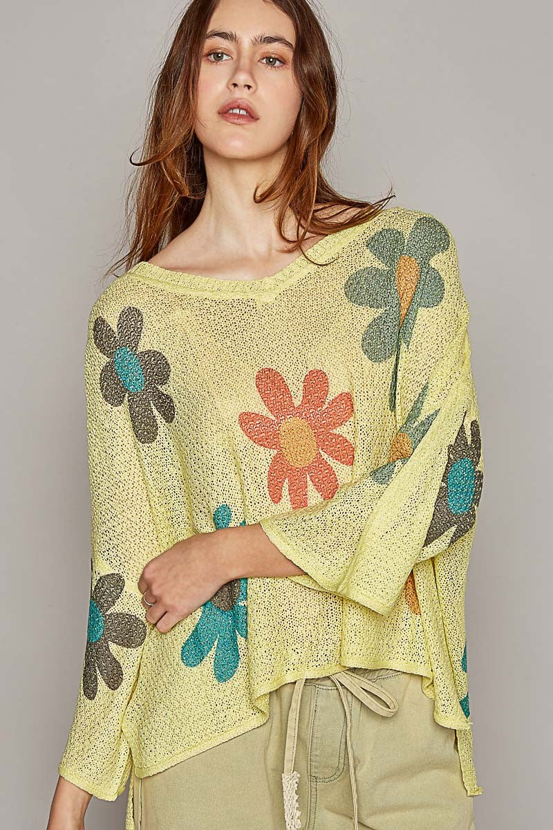 POL V-Neck Colorful Flower Print Light Weight Sweater Top