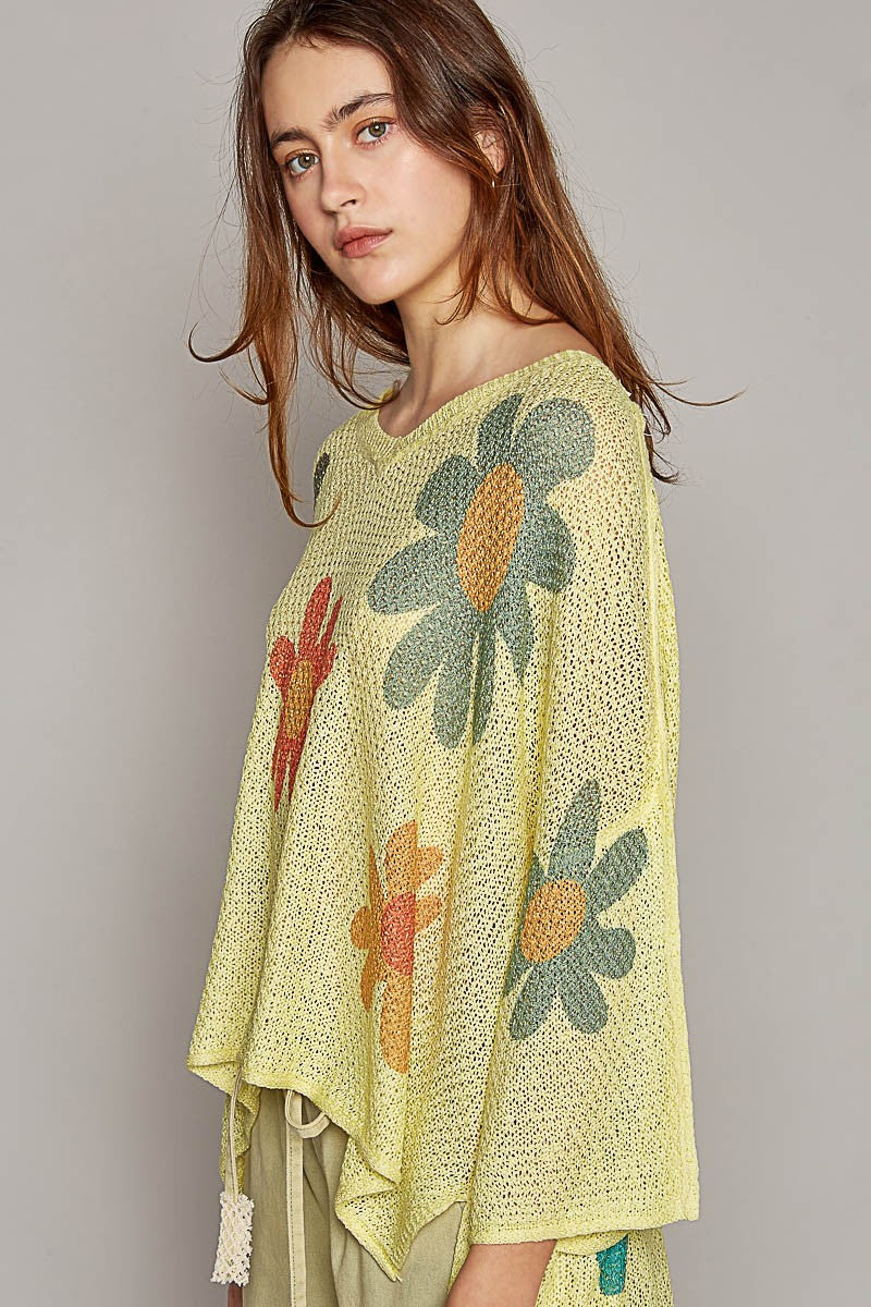 POL V-Neck Colorful Flower Print Light Weight Sweater Top