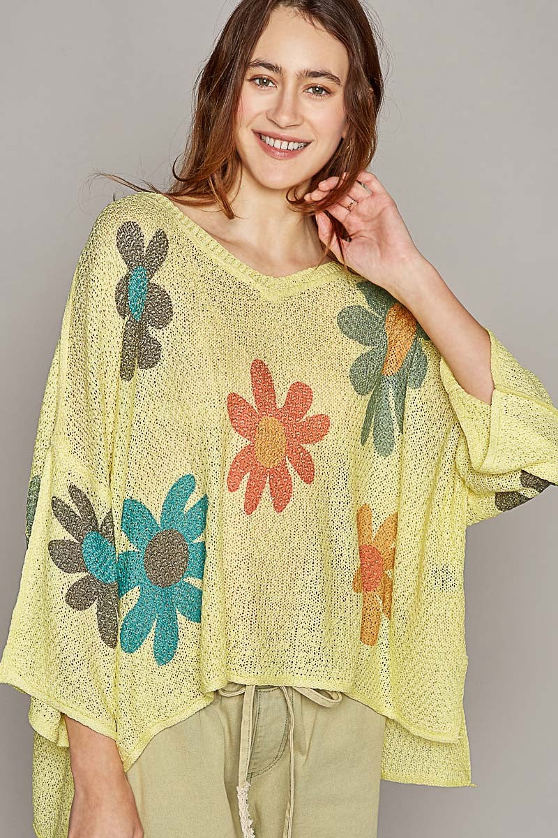 POL V-Neck Colorful Flower Print Light Weight Sweater Top