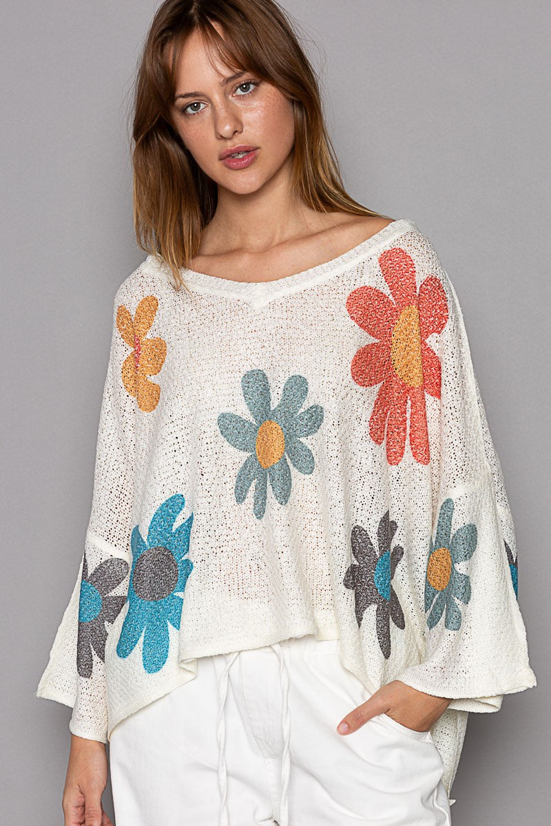 POL V-Neck Colorful Flower Print Light Weight Sweater Top