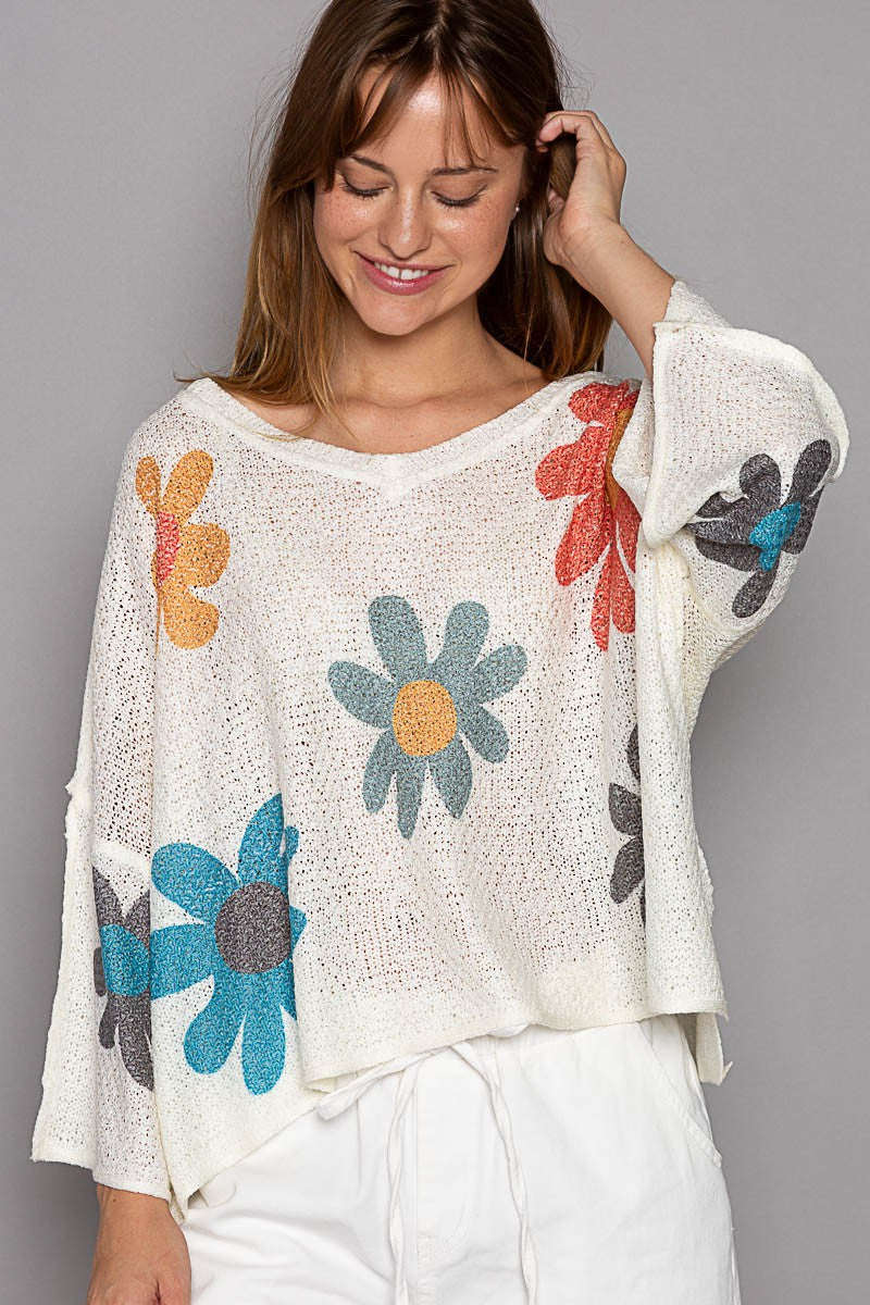 POL V-Neck Colorful Flower Print Light Weight Sweater Top