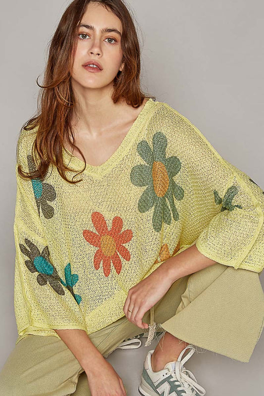 POL V-Neck Colorful Flower Print Light Weight Sweater Top