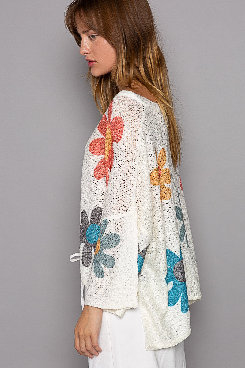 POL V-Neck Colorful Flower Print Light Weight Sweater Top