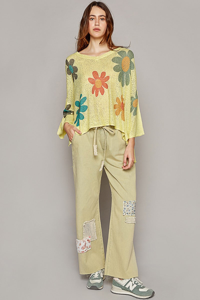 POL V-Neck Colorful Flower Print Light Weight Sweater Top